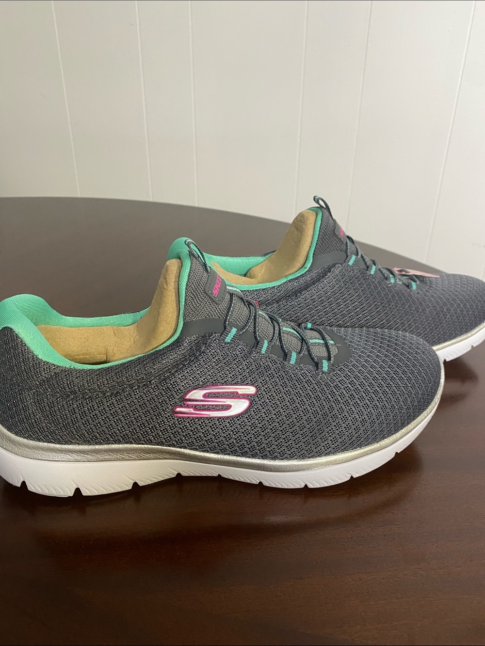 Skechers Gray Slip-On Athletic Shoes with Teal & Pink Accents 8.5 wide - Picture 4 of 5